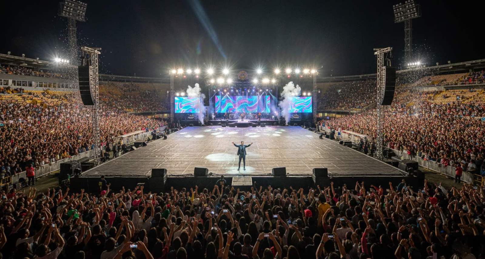 Vista panorámica de un concierto nocturno con escenario y público en las graderías